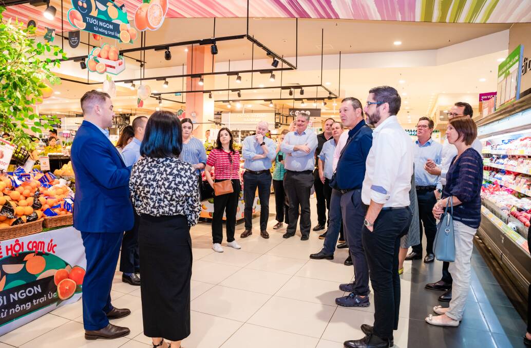 The Australian delegation made up of fruit industry representatives, taking a tour of a Vietnames retail shop. Picture supplied