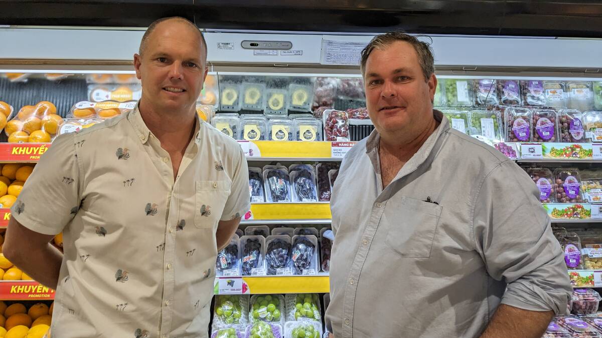 Christian Parsons, general manager, Costa Berries and Jon Gleeson, CEO, Driscoll's Australia at a retail outlet in Vietnam during the recent delegation visit. Picture supplied