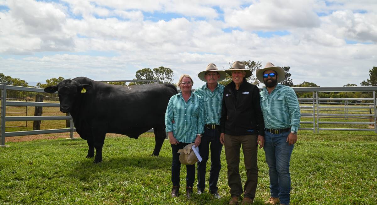 Ultrablack-breed record bull, Telpara Hills New Limit 801S7, with vendor Trevor Pearce Telpara Hills Brangus and Ultrablacks (second from the right), buyers Gail and Colan McGree, Shamrock Brangus, Bororen, and property manager Tom Ranginui. Picture by Brittany Pearce 