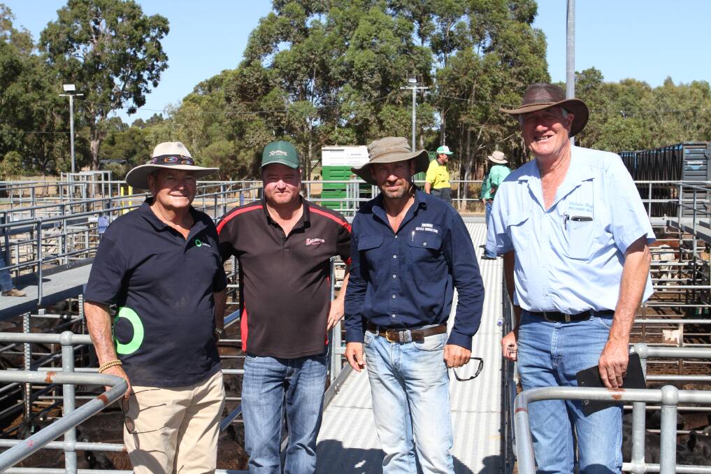 Buyers Jim Goodchild (left), JIG Grazing, Waroona, Jamie Davies, Kalgrains, Wannamal, Graham Brown, Browns Cattle Consulting and Gordon Atwell, Welldon Beef, Williams, were all active at the sale.
