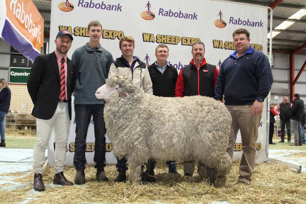 WESTERDALE $41,000: The Jackson familys Westerdale stud, McAlinden, topped this years Rabobank WA Sheep Expo & Merino Ram Sale at Katanning last week with an August shorn Poll Merino ram selling to the King familys Warralea stud, Gairdner, for $41,000. With the top-priced ram were Elders auctioneer James Culleton (left), Westerdale stud connections Ashton Lantzke, Craig and Peter Jackson, Nathan King, Elders stud stock and buyer Jarrod King, Warralea stud.