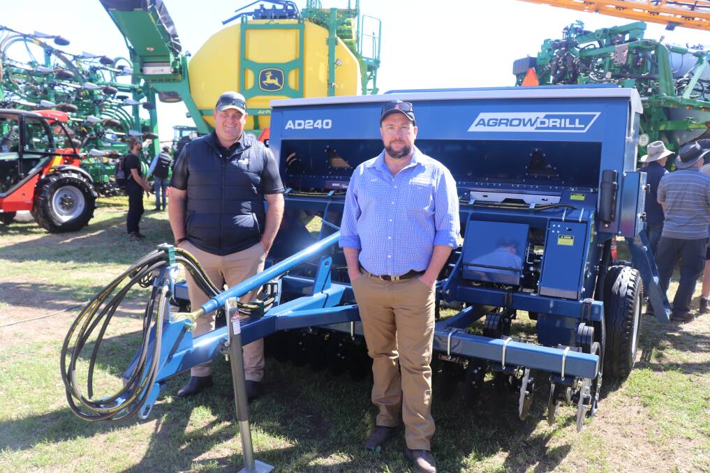 AFGRI Wongan Hills branch manager Brendan Barratt (left) and Agrowplow business development manager Matthew Fyfe with Agrowplows AD240 Agrowdrill seed drill.
