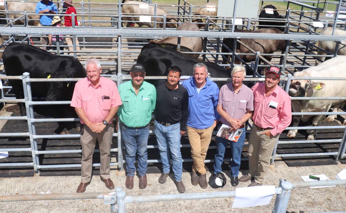  Prices topped at $5500 three times in the Trafalgar Angus stud offering. With two of the studs top-priced sires were Elders, Bridgetown representative Deane Allen (left), who bought lot 91 at $5500 for a Dowerin client, Nutrien Livestock, Peel representative Ralph Mosca and his client Anthony Anfuso, Oldbury, who bought lot 87 and 90 for $5500 each, Trafalgar Angus stud principal John Annear, Carbunup, Lindsay Wolrige, Esslemont Angus, Carbunup, and Elders, Busselton representative Jacques Martinson.
