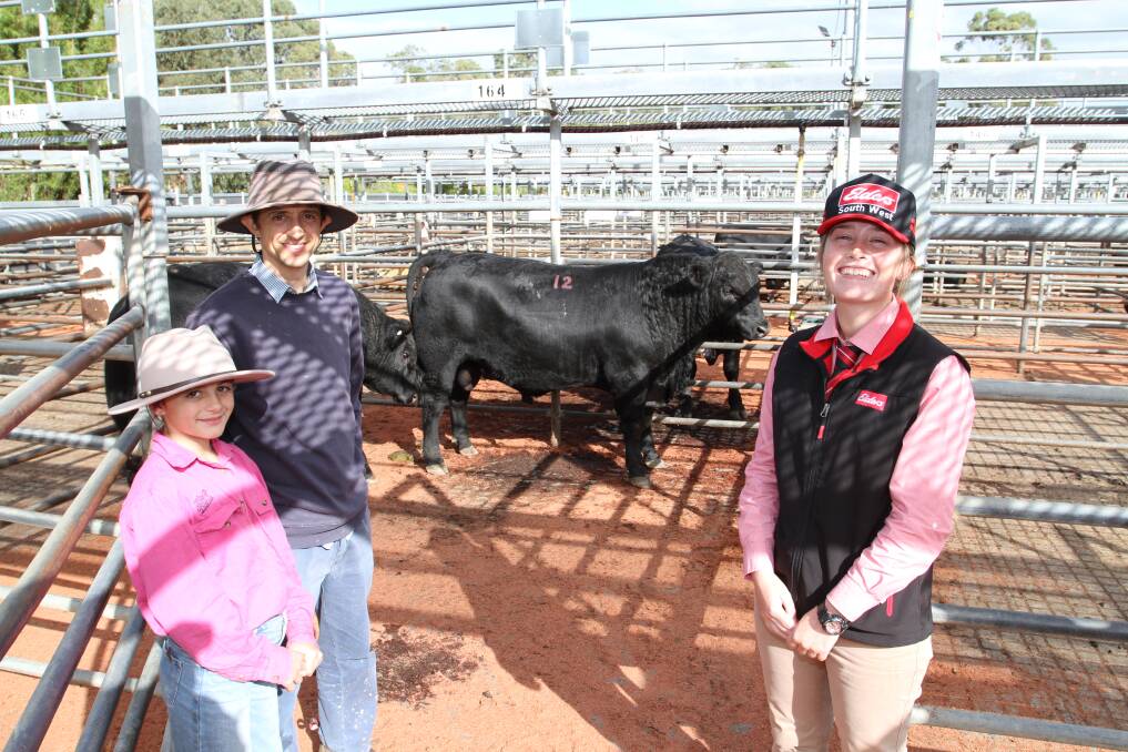 With the $17,000 equal top-priced bull Gandy Realist T214 (by Karoo K12 Realist N278) purchased by the Bennett family, Western RB Angus stud, Manypeaks, on AuctionsPlus were Gandy Angus stud connections Roamy (left) and Steven Gandy, Manjimup and Lauren Rayner, Elders stud stock.