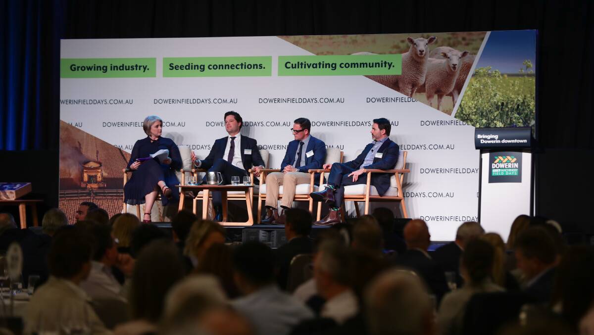 Ben Macnamara (second from left), chief executive CBH Group, Mark Scatena, general manager CSBP Fertilisers and Brandon Stannett, managing director Australia and New Zealand CNH Industrial, were some of the speakers at the Bringing Dowerin Downtown lunch last year.
