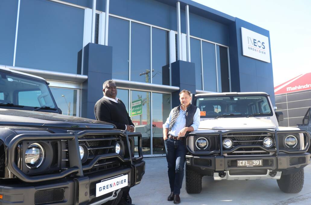 Shirwin Govender (left), dealer principal of Magic Enterprises, Burswood, which is the Perth INEOS dealership, with Justin Hocevar, INEOS Automotives head of region Asia Pacific, when Mr Hocevar called in recently to pick up a Grenadier wagon to drive to the Gascoyne to meet with Track Care WA representatives.
