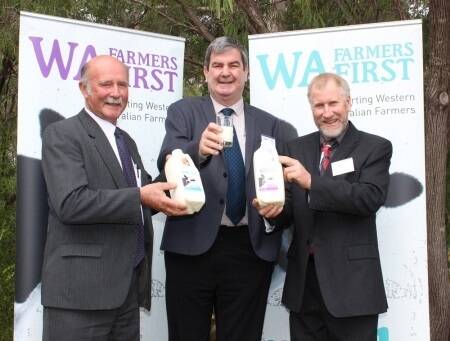 WAFarmers president Dale Park (left), chief executive officer Stephen Brown and Dairy Council president Phil Depiazzi celebrate WAFarmers First brand milk passing the 500,000 litre sales milestone.