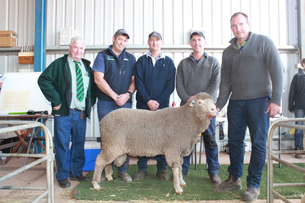 The top price of $3700 was set three times at this year's Anglesey on-property sale and with one of the top-priced rams were Landmark Gnowangerup agent Mike Moore (left), top price buyers Tim Beeck, Glenorchy Estate, Gnowangerup, Hamish Milne, HJ & NG Milne, Borden and Warren Dolan, WP Dolan & Co, Nyabing, with Nick Crichton, Anglesey stud.
