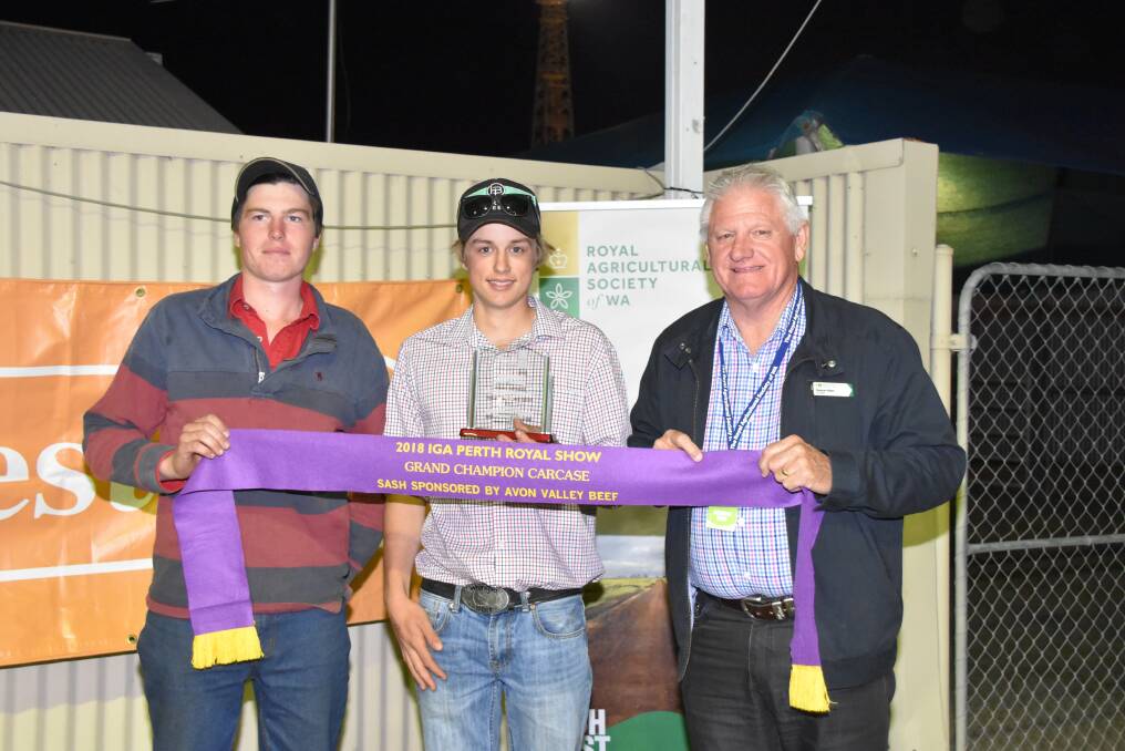 Celebrating the Smith family's, Porongurup Prime Beef, Narrikup, win in exhibiting the grand champion and champion mediumweight carcase were Fraser McKee (left), Albany, Robert Smith and RAS councillor in charge of cattle Deane Allen. The Smiths won the award with a Sussex steer.